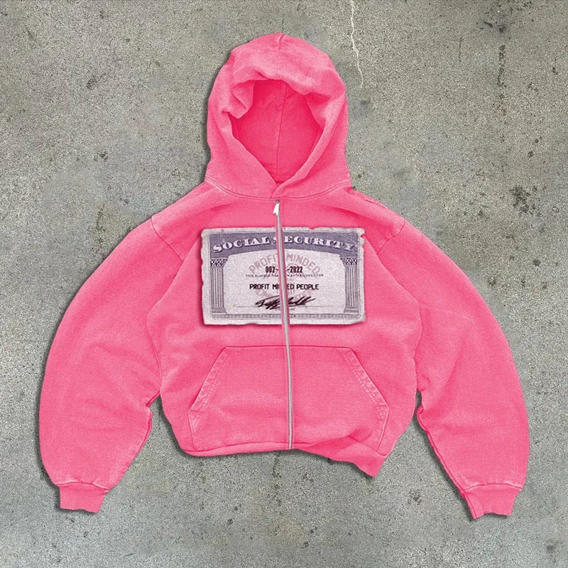 Loose fit hoodie zip jacket for men and women in polyester fabric with zipper pockets
