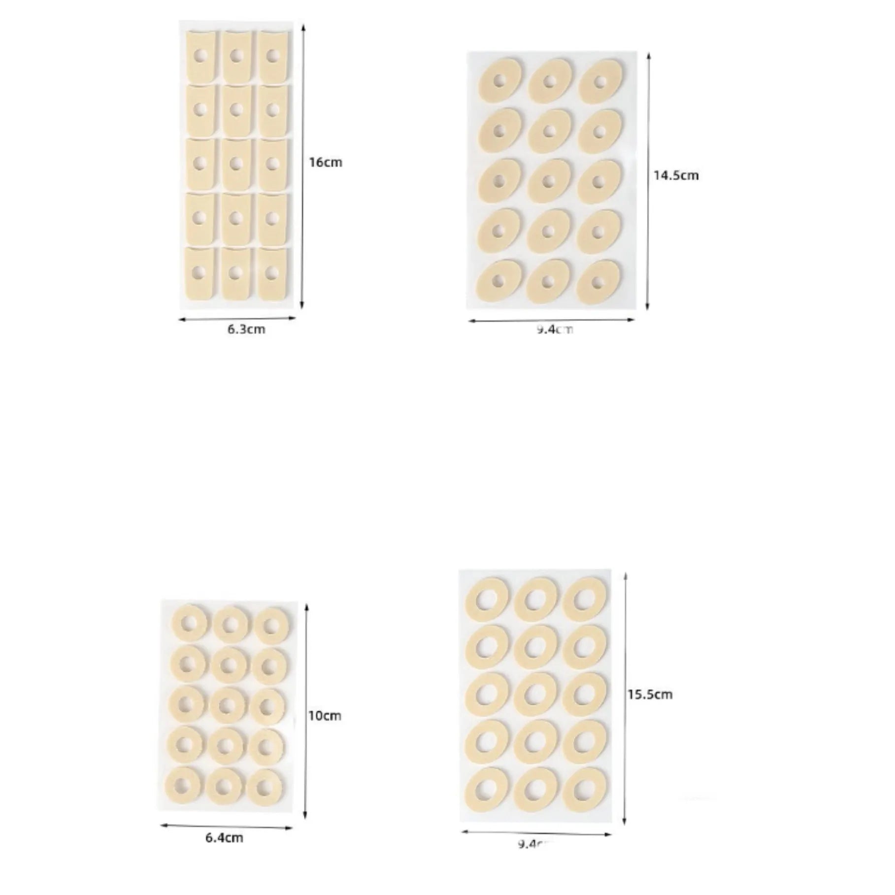 Women's lightweight PU protective toe pads showing four shapes: large oval, small oval, U-shaped, circular section