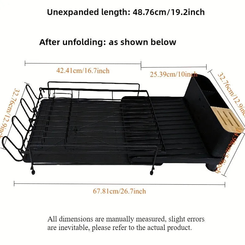 Retractable foldable kitchen dish rack made of carbon steel with cutlery and cup holders.