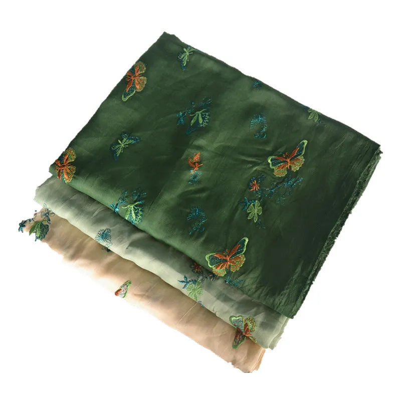 Pure ramie embroidery cloth fabric for Hanfu, 140cm wide, in beige, grass green, and dark green colour options.