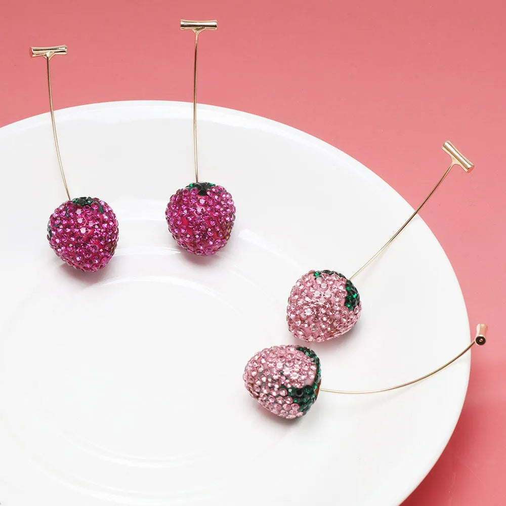 Red strawberry-shaped geometric earrings with spot drill crystals on zinc alloy
