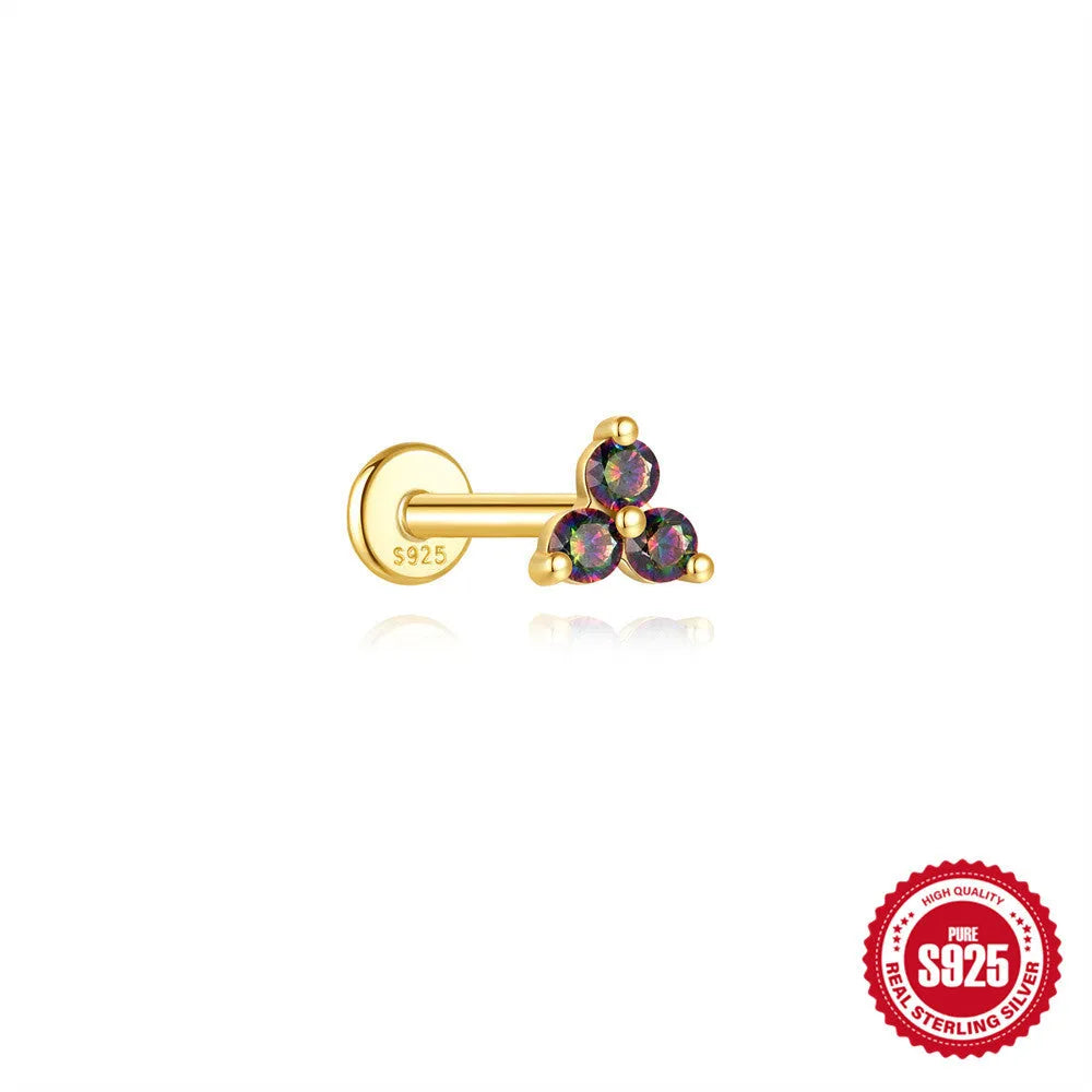 S925 sterling silver flat head thread piercing with super shiny rainbow stone in gold tone.