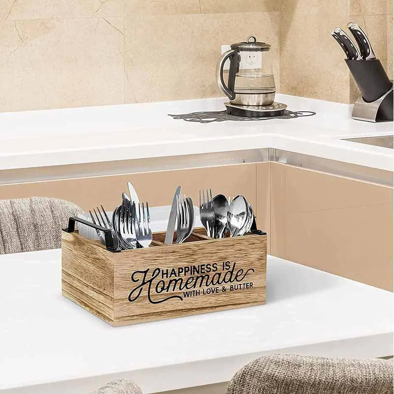 Wooden kitchen storage box with internal grid dividers for organising cutlery and utensils.