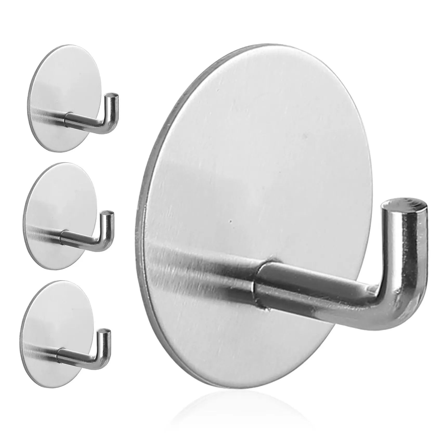 Stainless steel self-adhesive round hook in black or polished finish for bathroom or kitchen.