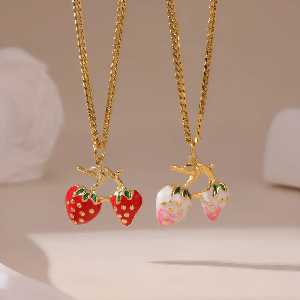 Strawberry fruit necklace pendant in stainless steel with red or white colour options