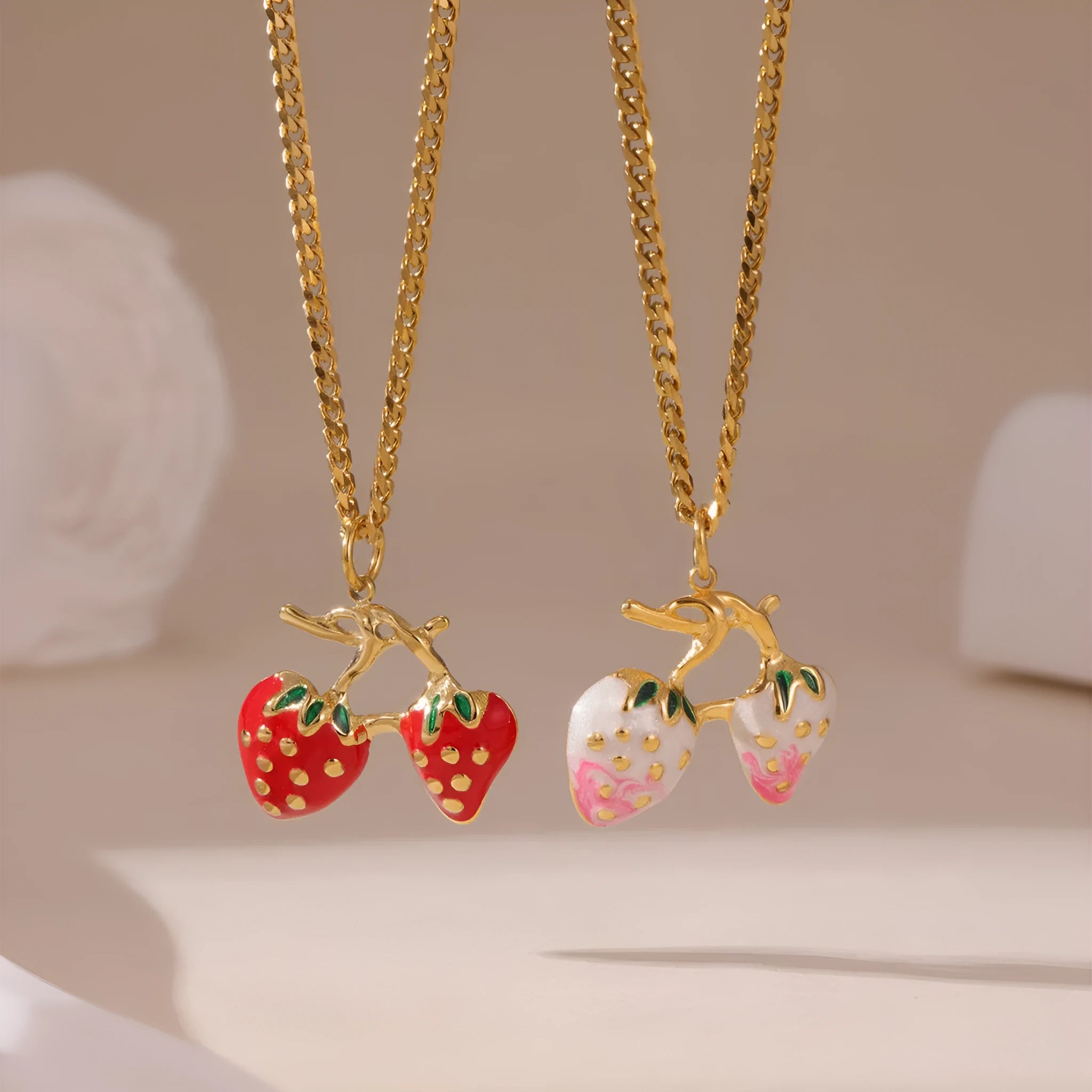 Strawberry fruit necklace pendant in stainless steel with red or white colour options