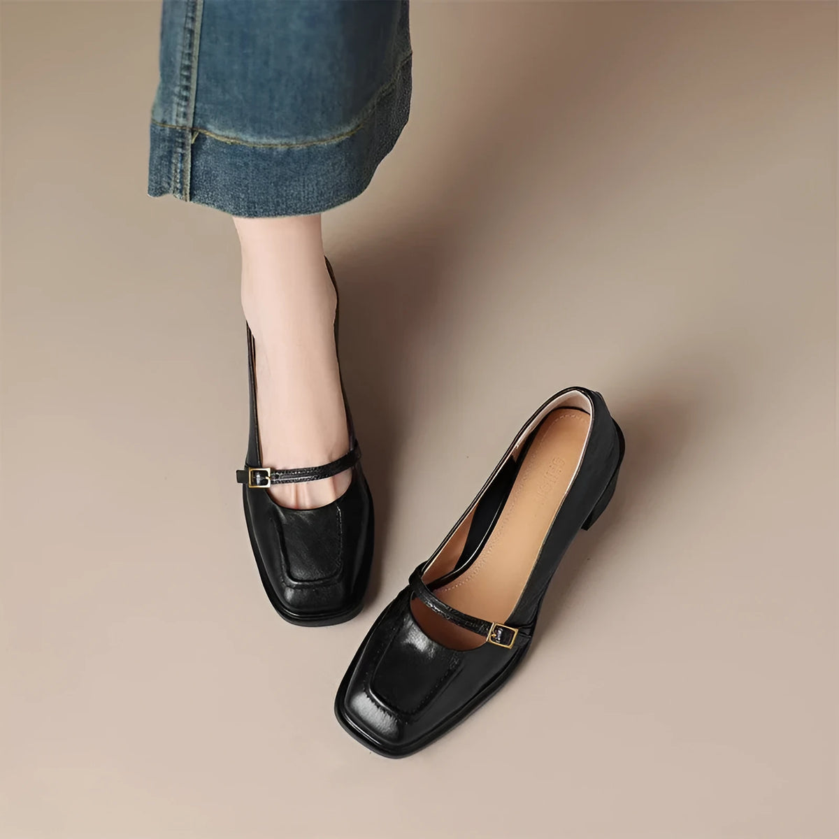 Spring and Autumn New Retro Square Head Women's Soft High Heel Pumps with Buckle Closure in Black and Dark Brown, Available in Sizes 35 to 40, Solid Colour Patent Look with Faux Leather Lining and Rubber Sole