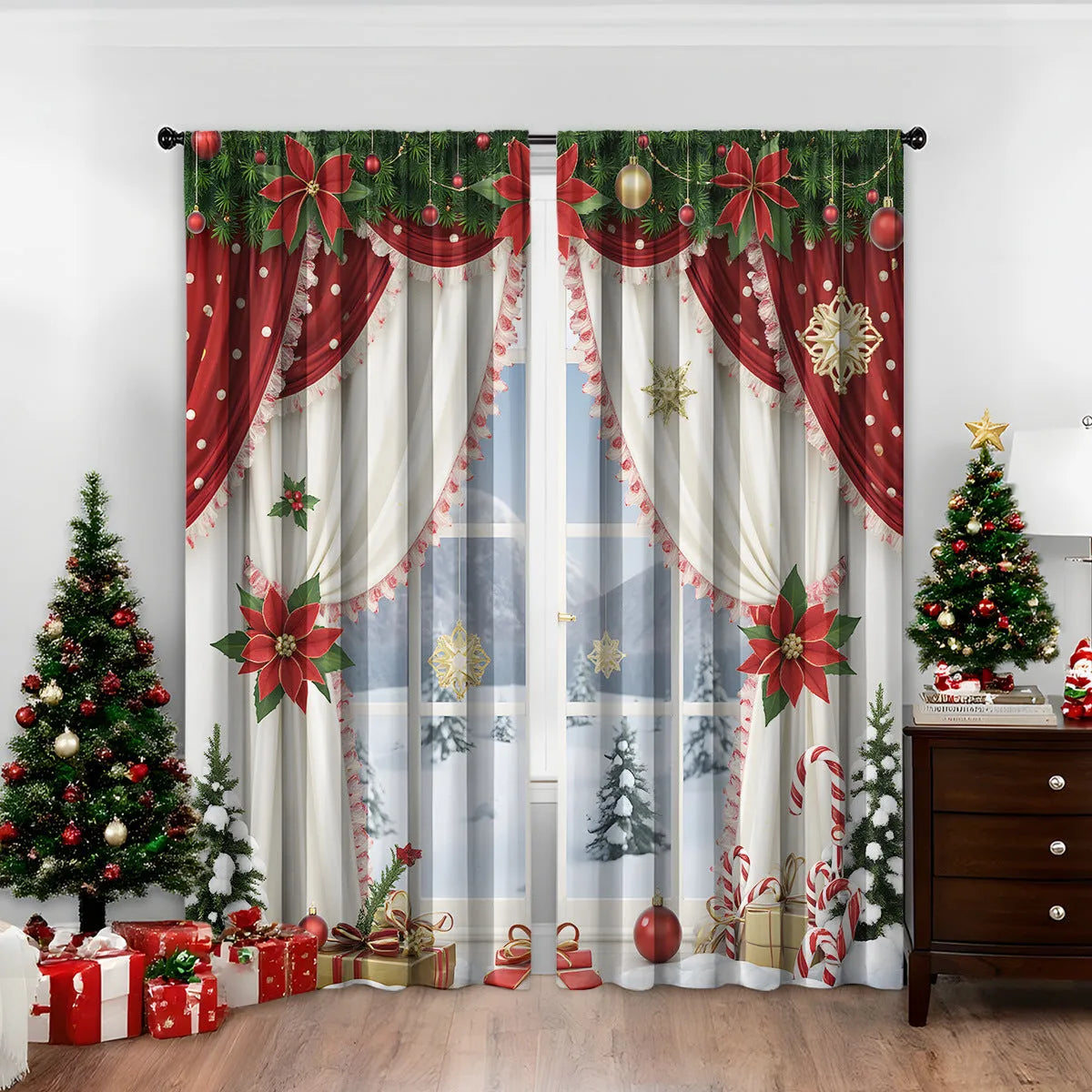 3D digitally printed Christmas curtains set of two in European style with high sunshade function
