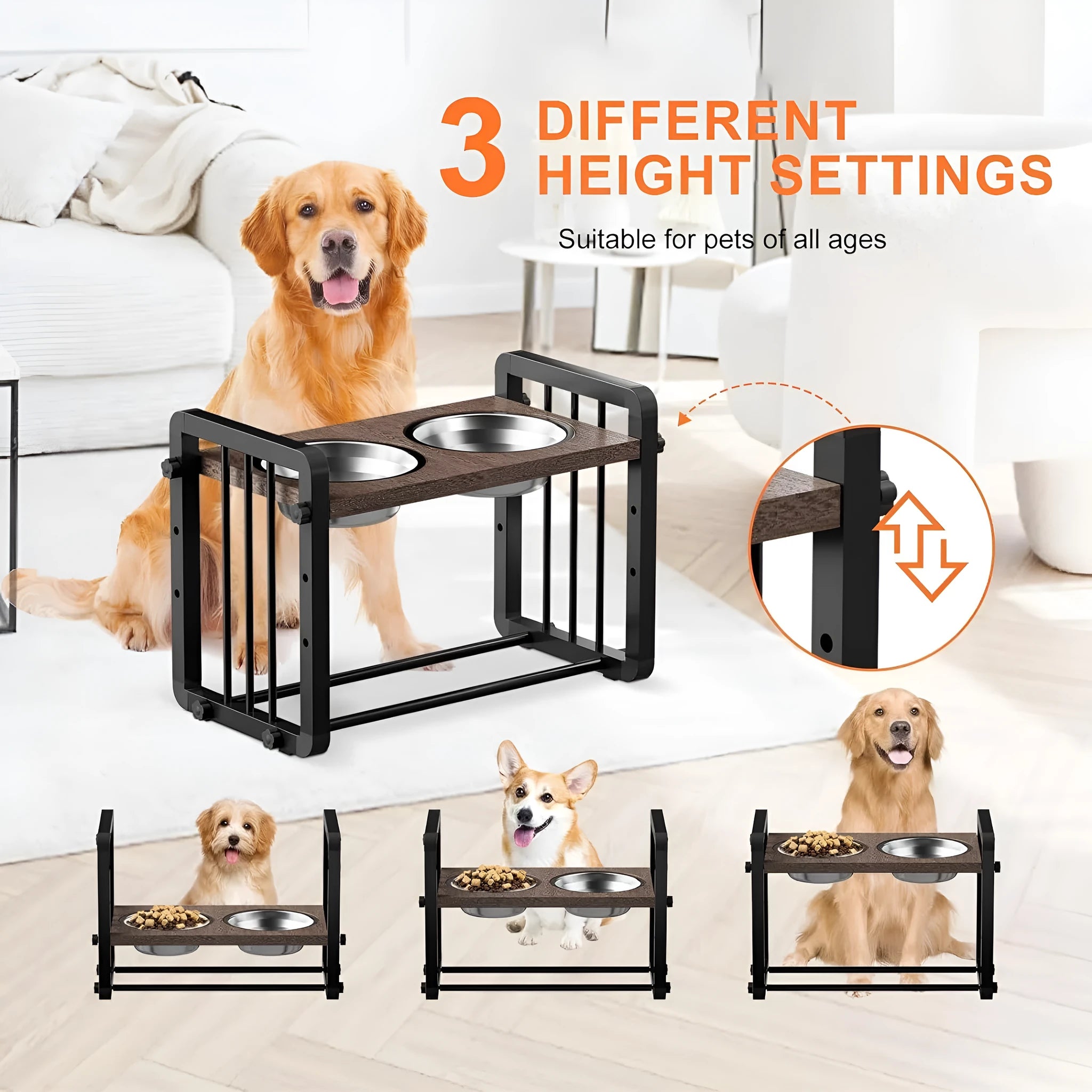 Black wooden dog bowl stand measuring 37 by 23 centimetres with non-slip surface