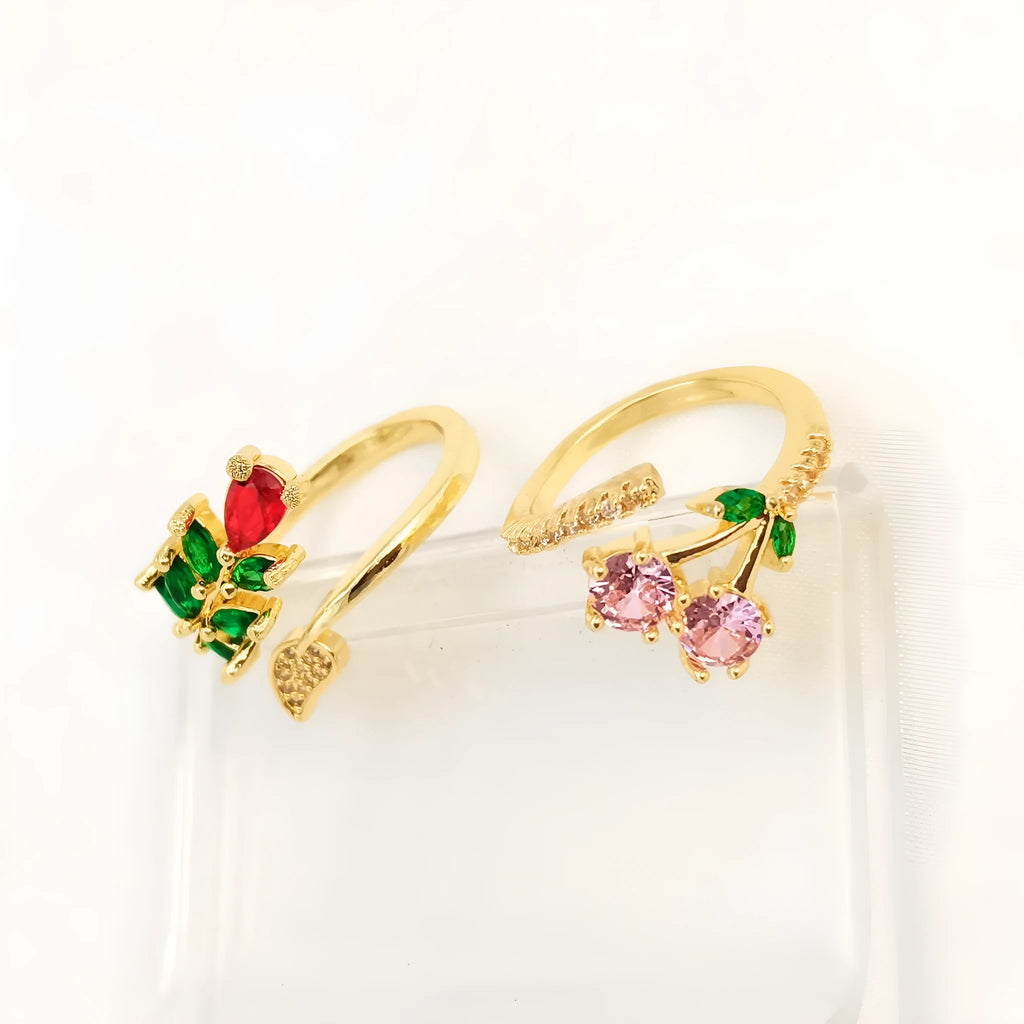 Geometric leaf open ring for women in copper gold with micro inlaid zircon details