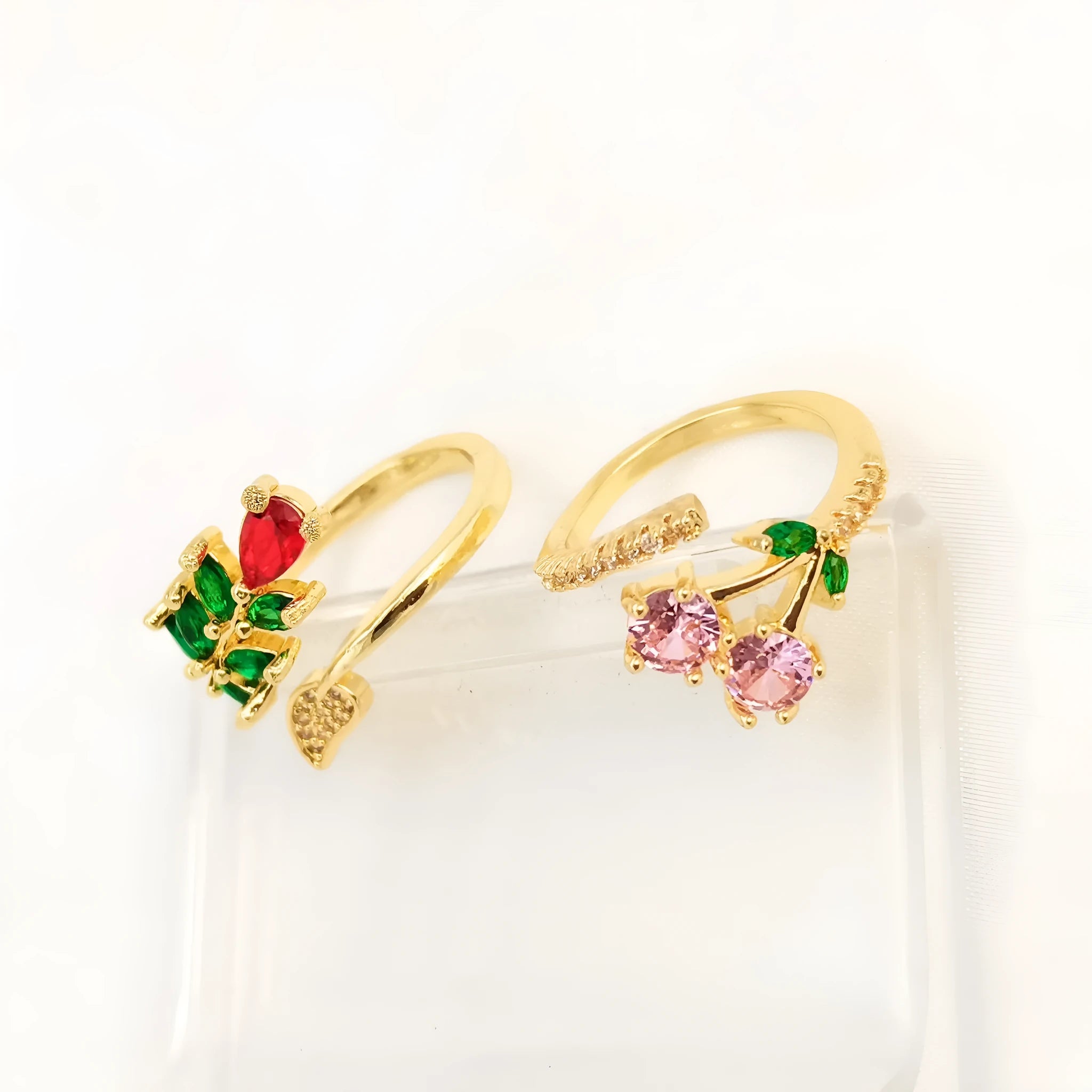 Geometric leaf open ring for women in copper gold with micro inlaid zircon details