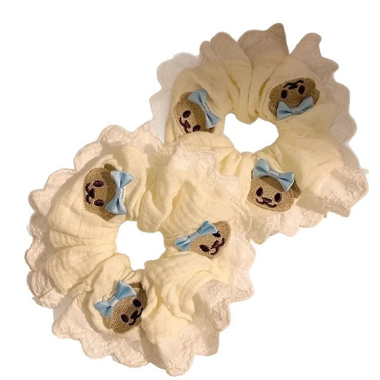 Bear blue bow lace large intestine hair ring cloth elastic hair accessory