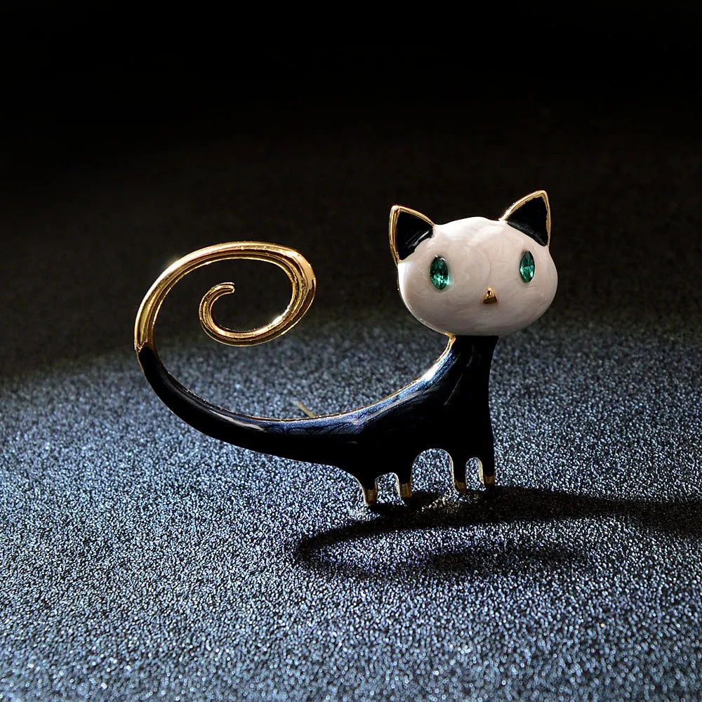 Personalised painted tail-up cat brooch in alloy metal with orange and white colour options