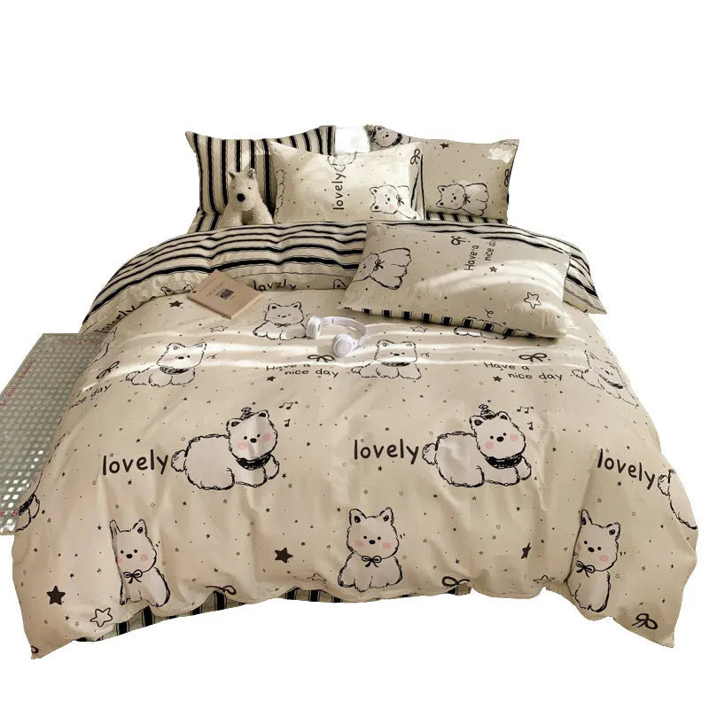 Cartoon dog pattern cotton bedding four-piece set showing quilt cover and sheets