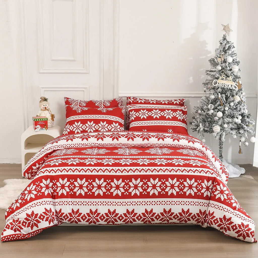 Red Winter Sleepers bed three-piece set with Christmas Love Song pattern on a bed