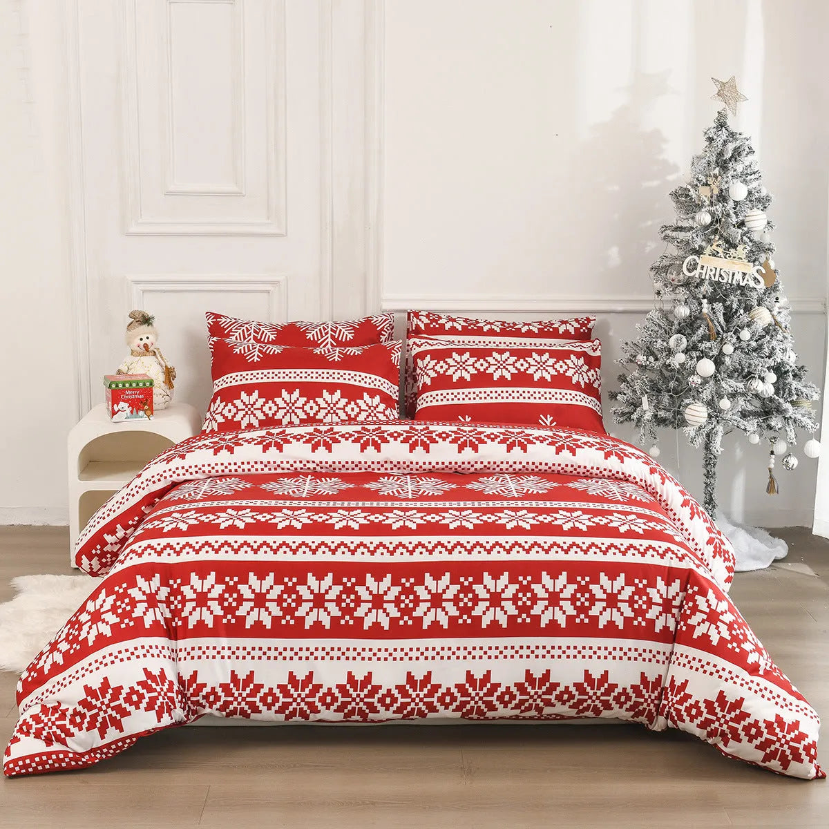 Red Winter Sleepers bed three-piece set with Christmas Love Song pattern on a bed