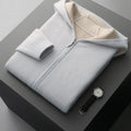 Men's dark blue cashmere cardigan with half-high collar and front zipper in loose fit