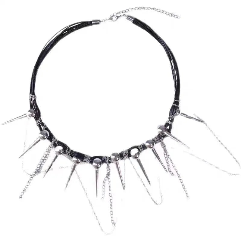 Round beads winding tassel necklace with leather fringe and metal rivet embellishments in picture colour.