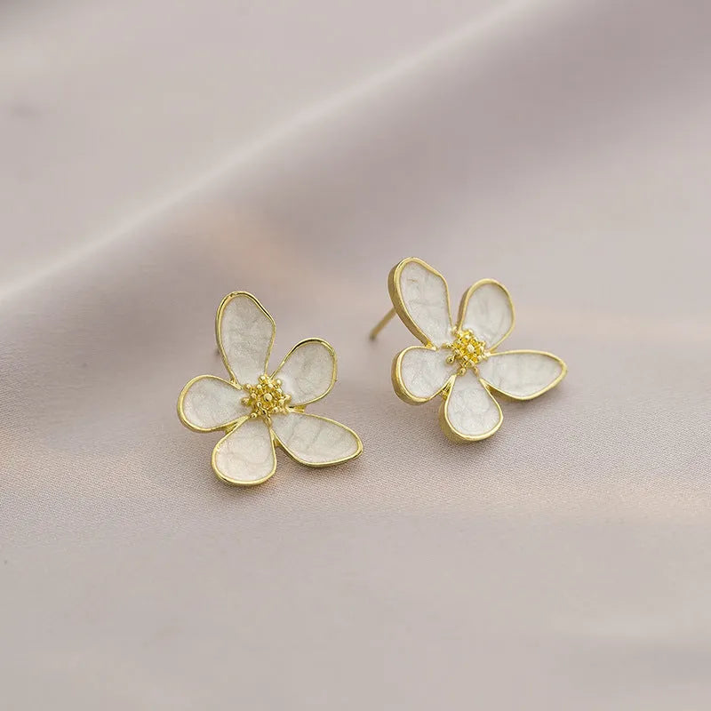 White drop oil petal earrings for women – five petal flower drop ear studs with glossy dripping oil finish on zinc alloy
