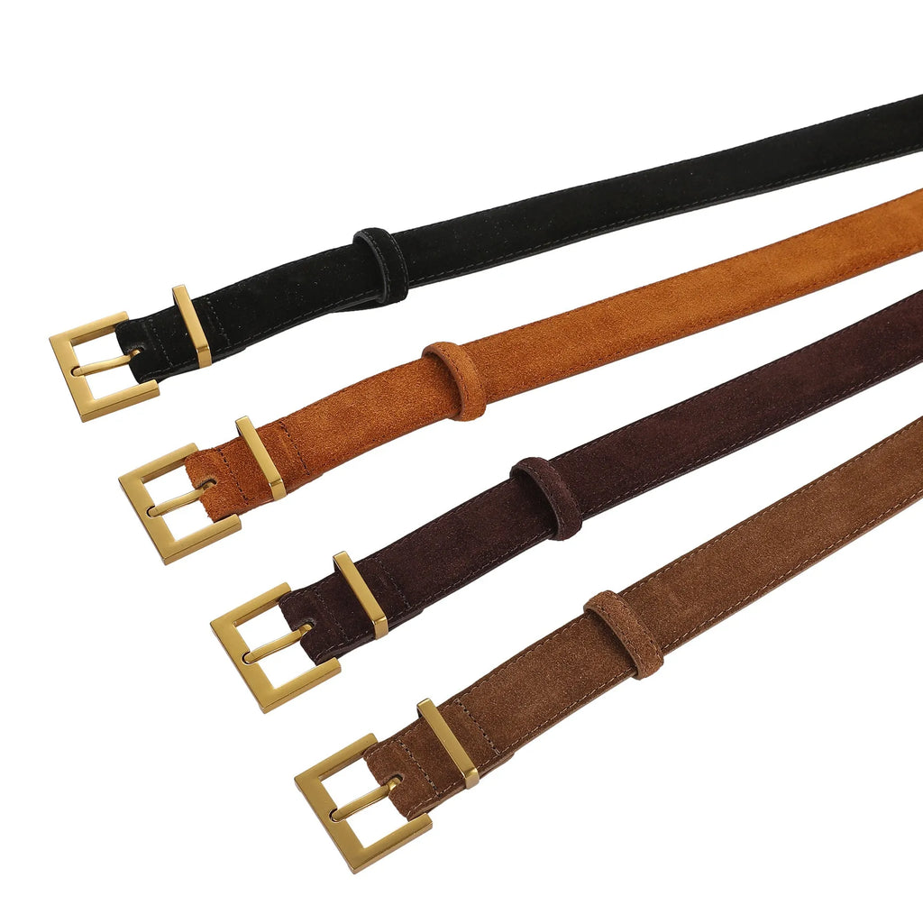 Ladies black leather belt with a silver quadrilateral pin buckle on a white background.