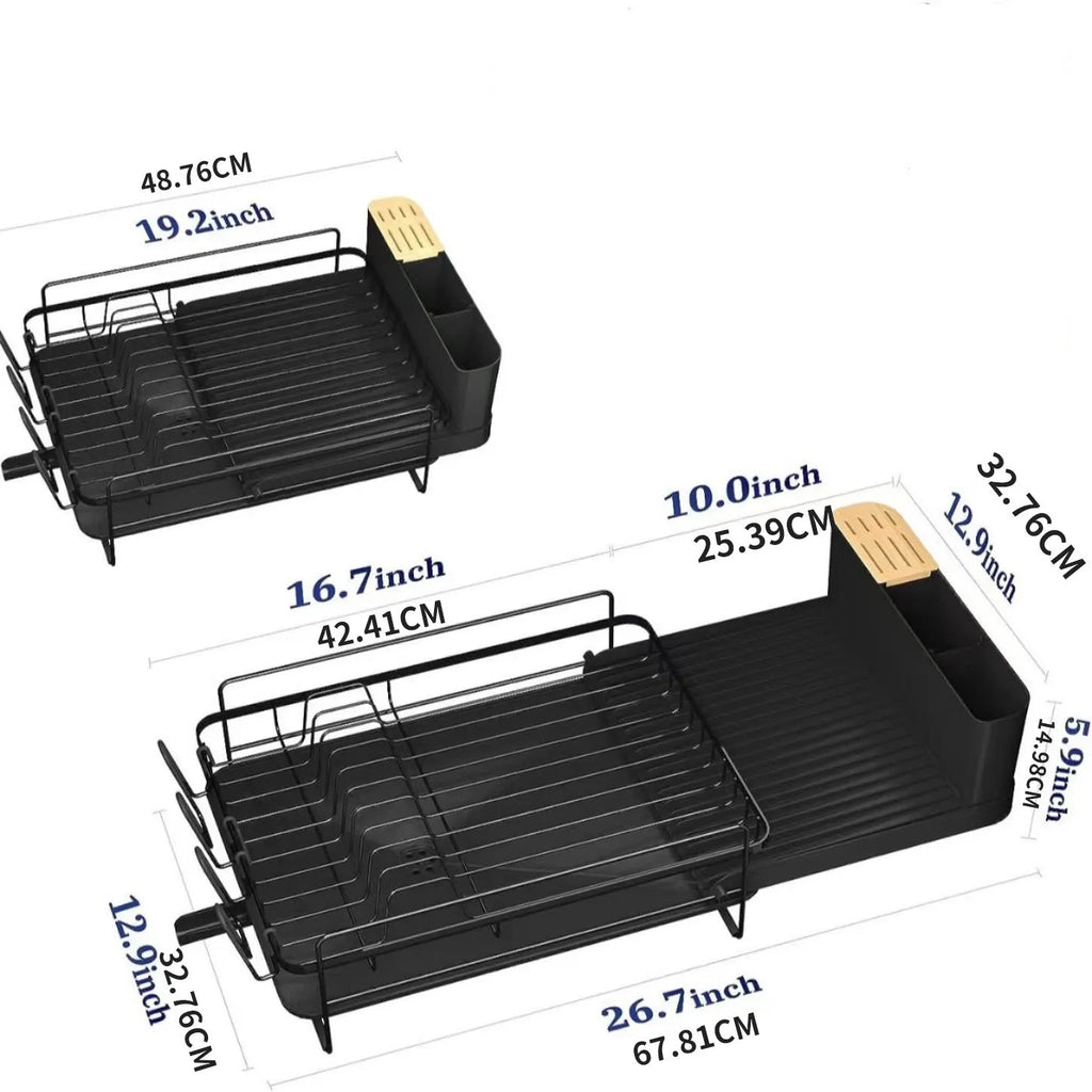 Retractable foldable kitchen dish rack made of carbon steel with cutlery and cup holders.