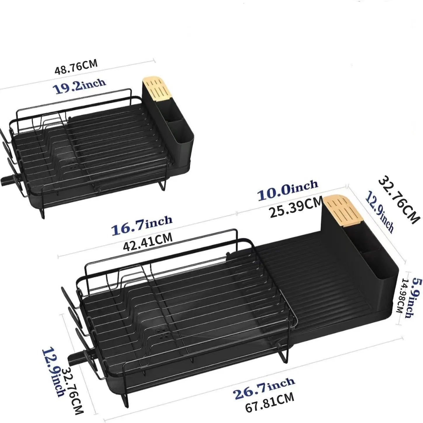 Retractable foldable kitchen dish rack made of carbon steel with cutlery and cup holders.