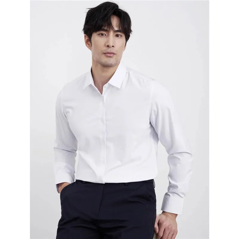 A man's wine red slim-fit casual long-sleeve shirt laid flat, showcasing its non-iron fabric.
