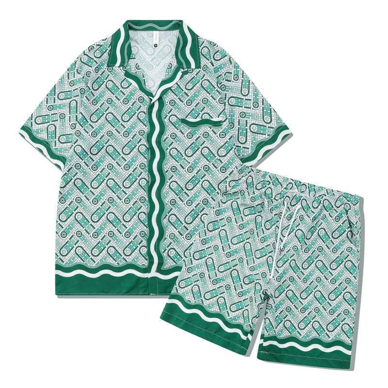 Men's plaid print short sleeve shirt and trousers beach outfit set on a hanger