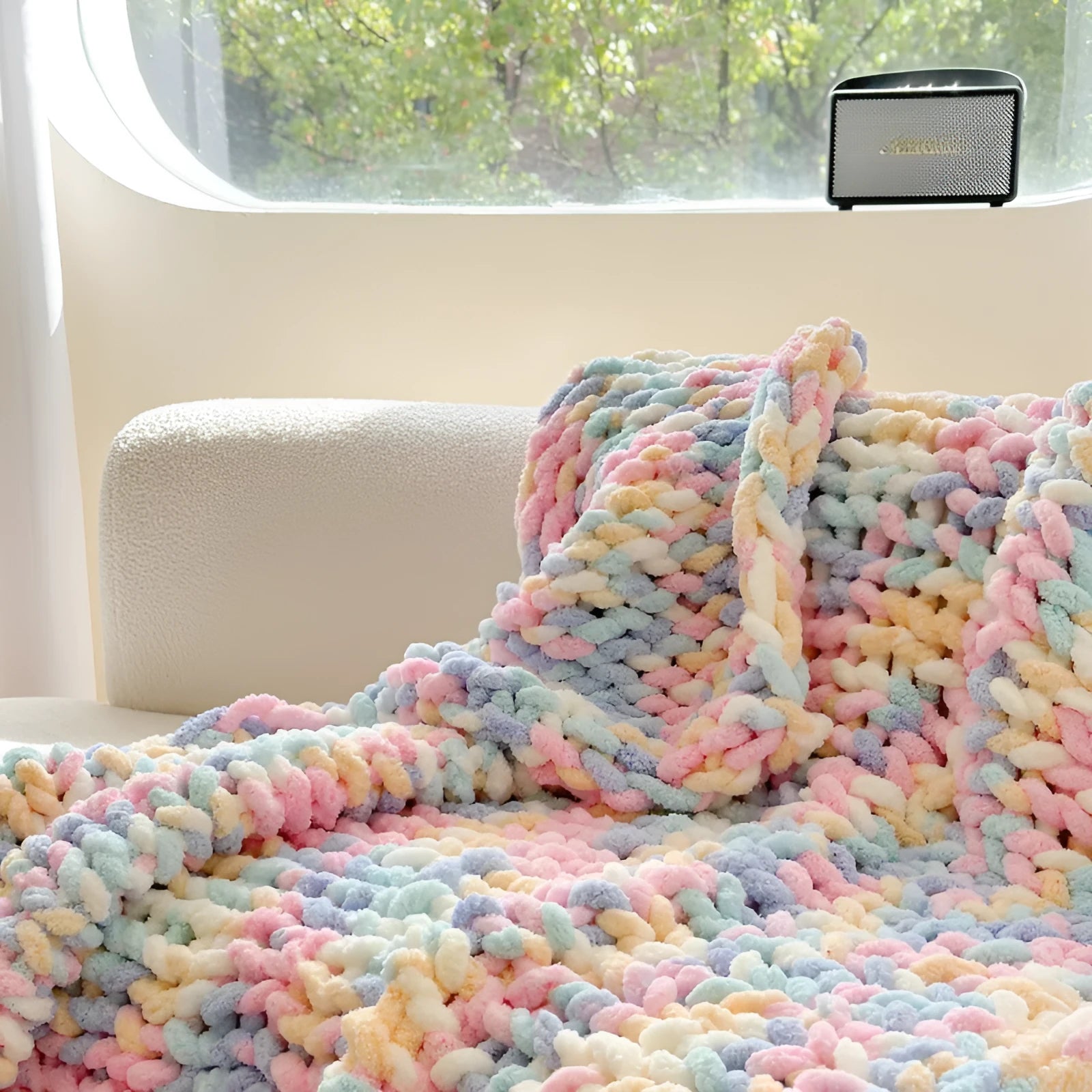 Striped chenille blanket 130x170cm in caramel mango colour showing textured surface