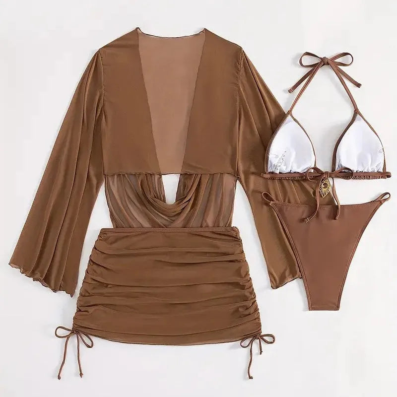 Women's lace-up bikini swimsuit in dark brown or black with sleeveless, backless two-piece design