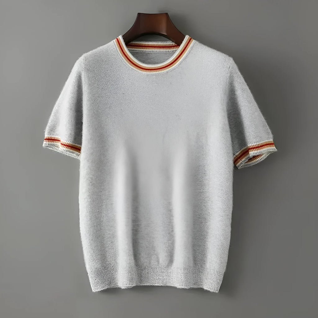 Men's pure wool short sleeve sweater in gray, showing round neck and pullover style.