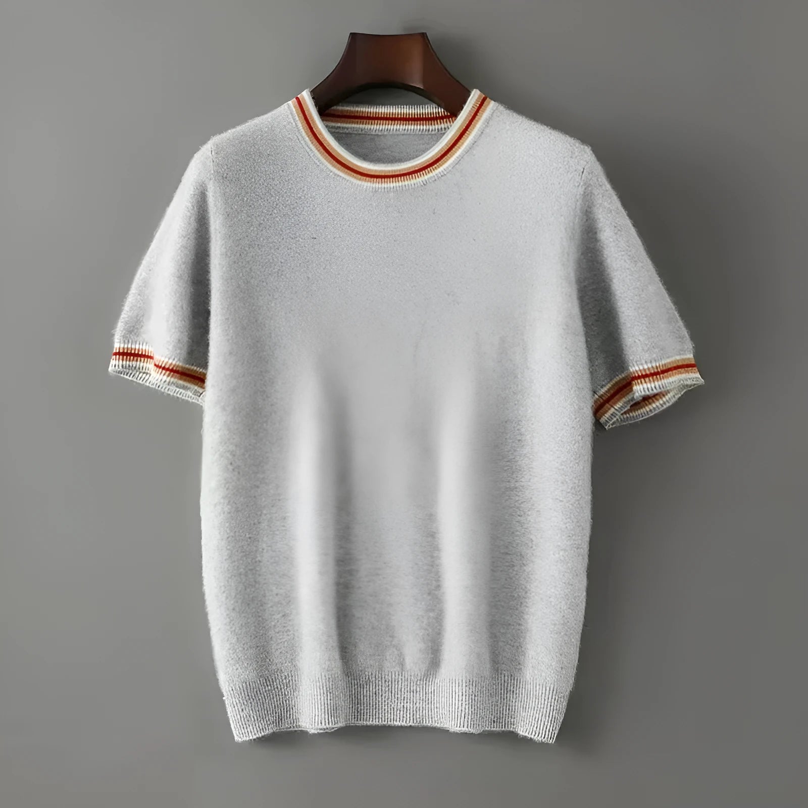 Men's pure wool short sleeve sweater in gray, showing round neck and pullover style.