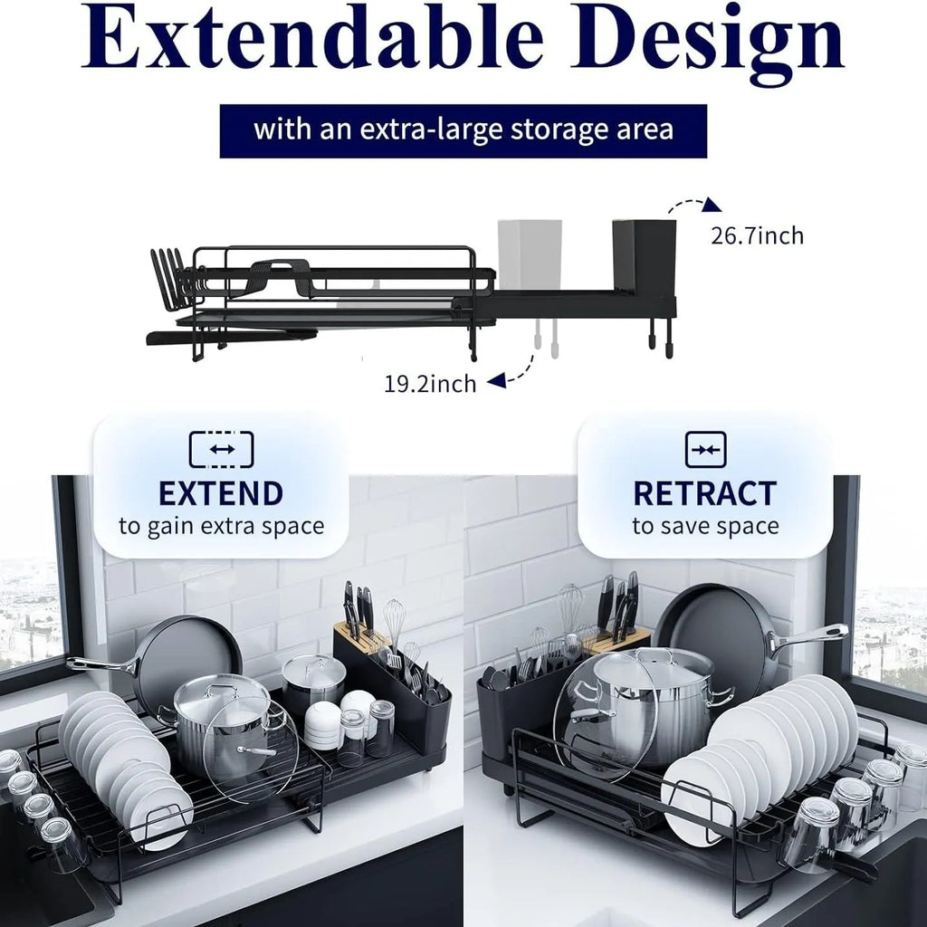 Retractable foldable kitchen dish rack made of carbon steel with cutlery and cup holders.