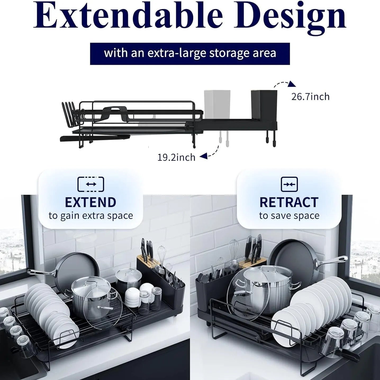 Retractable foldable kitchen dish rack made of carbon steel with cutlery and cup holders.