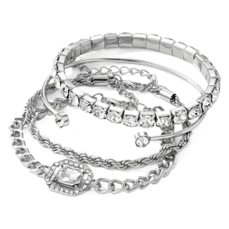 Women's retro geometric alloy bracelet four-piece set with square diamond links and metal chain construction