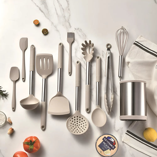 12-piece silicone kitchen utensil set with rotating storage bucket in black, includes spatula, ladel, and cooking tools
