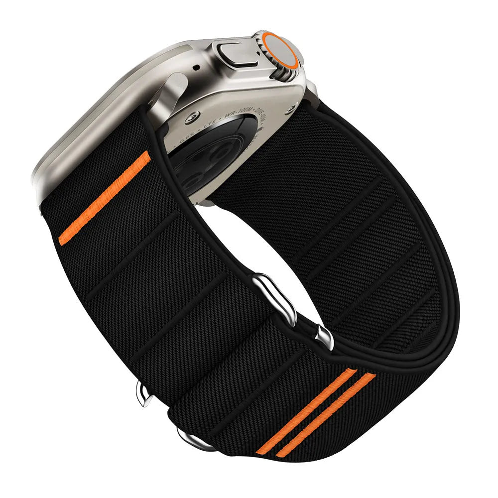 Elastic nylon watchband with stainless steel buckle for Apple Watch in various colours including black, ruby, and army green.