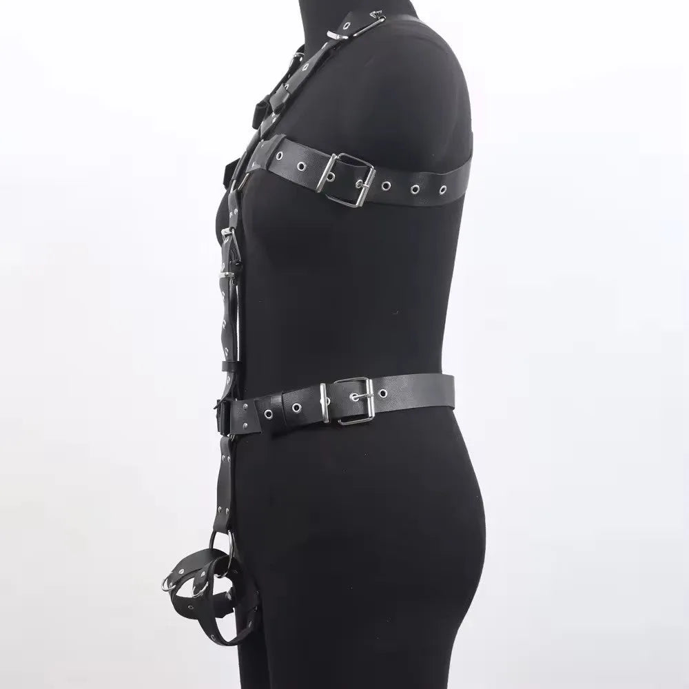 Black patent leather shapewear bodysuit with adjustable buckle fastenings and thin straps