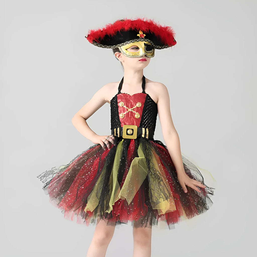 Girls sleeveless pirate costume dress with sequins and mesh gauze, includes optional eye mask.