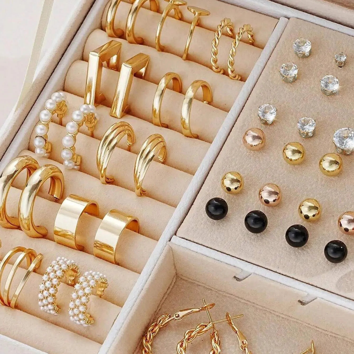 108-piece geometric pearl earrings set with gold and yellow electroplated finishes on alloy metal