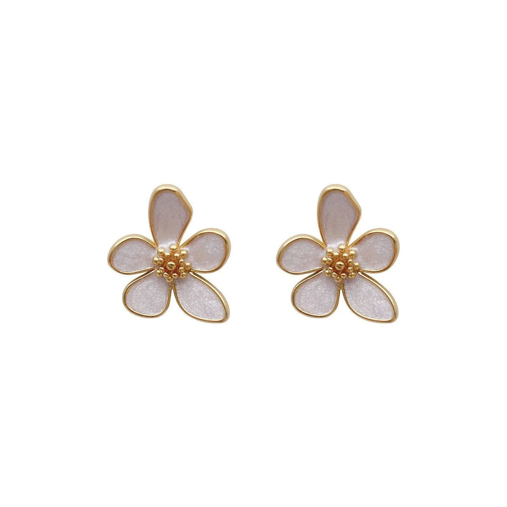 White drop oil petal earrings for women – five petal flower drop ear studs with glossy dripping oil finish on zinc alloy