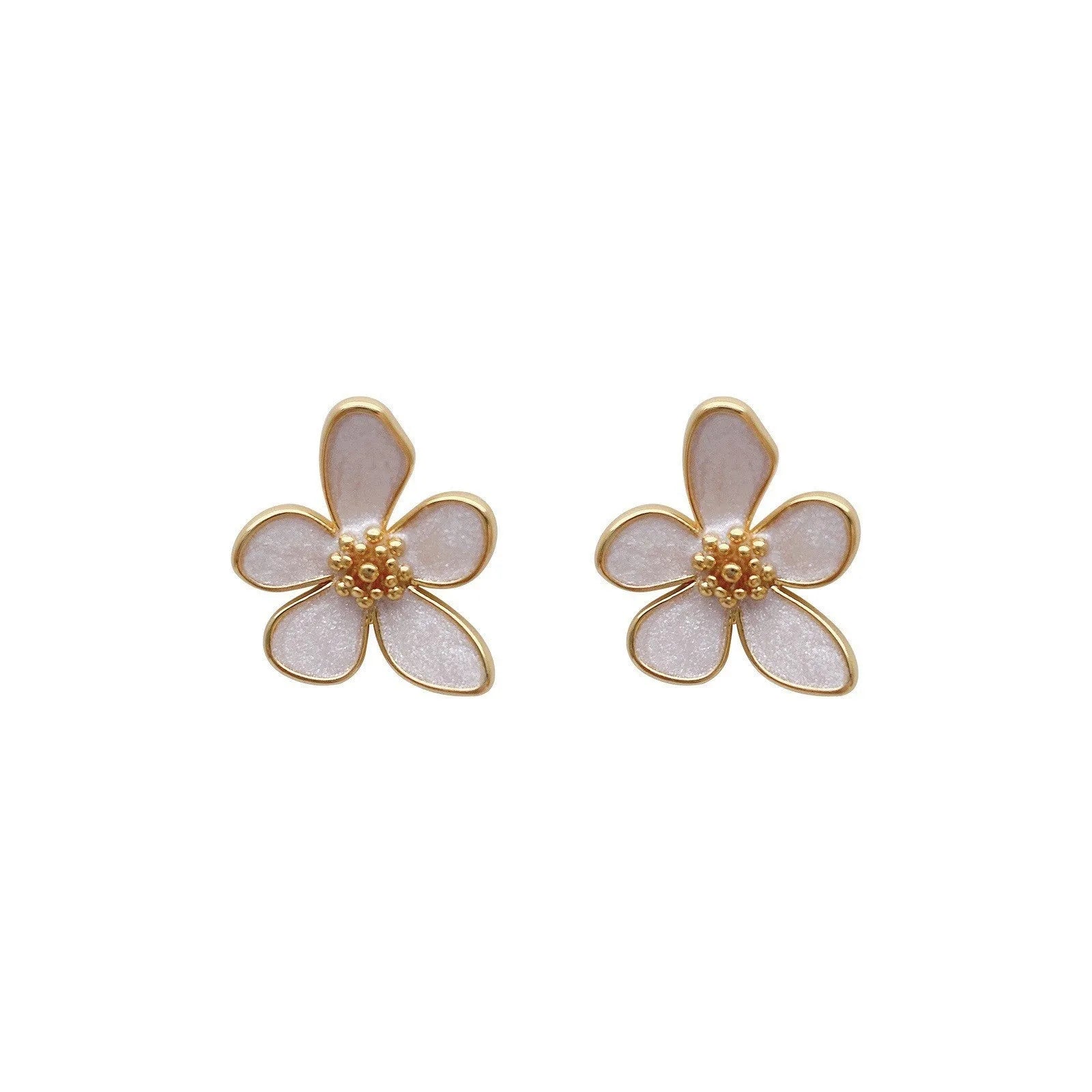 White drop oil petal earrings for women – five petal flower drop ear studs with glossy dripping oil finish on zinc alloy