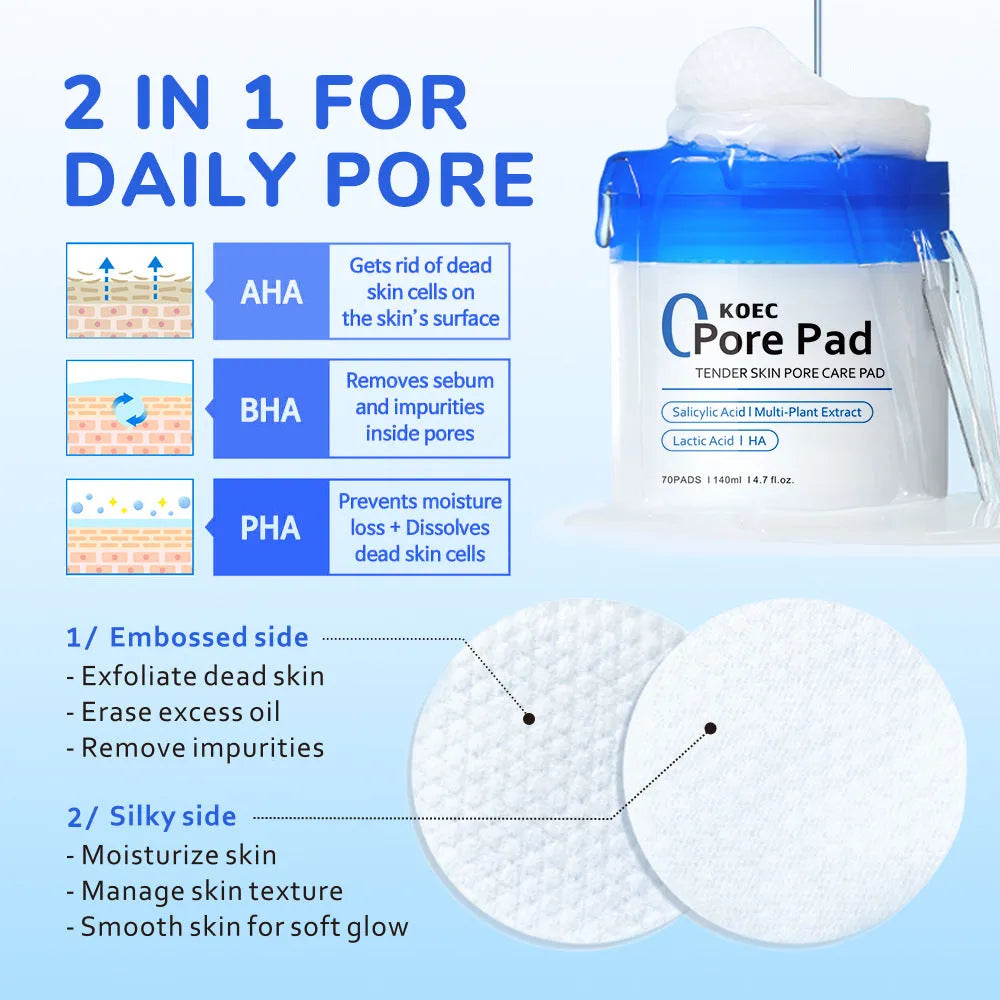 KOEC Salicylate Clean Cotton Sheet pore exfoliating pads in packaging with tweezers