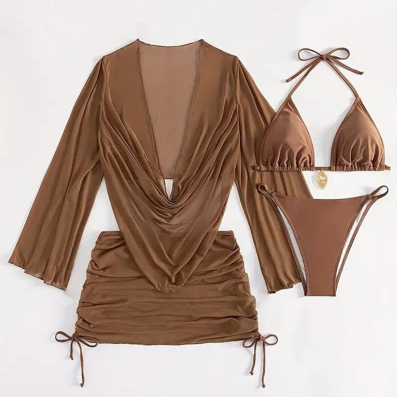 Women's lace-up bikini swimsuit in dark brown or black with sleeveless, backless two-piece design