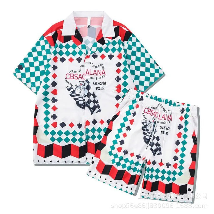 Men's plaid print short sleeve shirt and trousers beach outfit set on a hanger