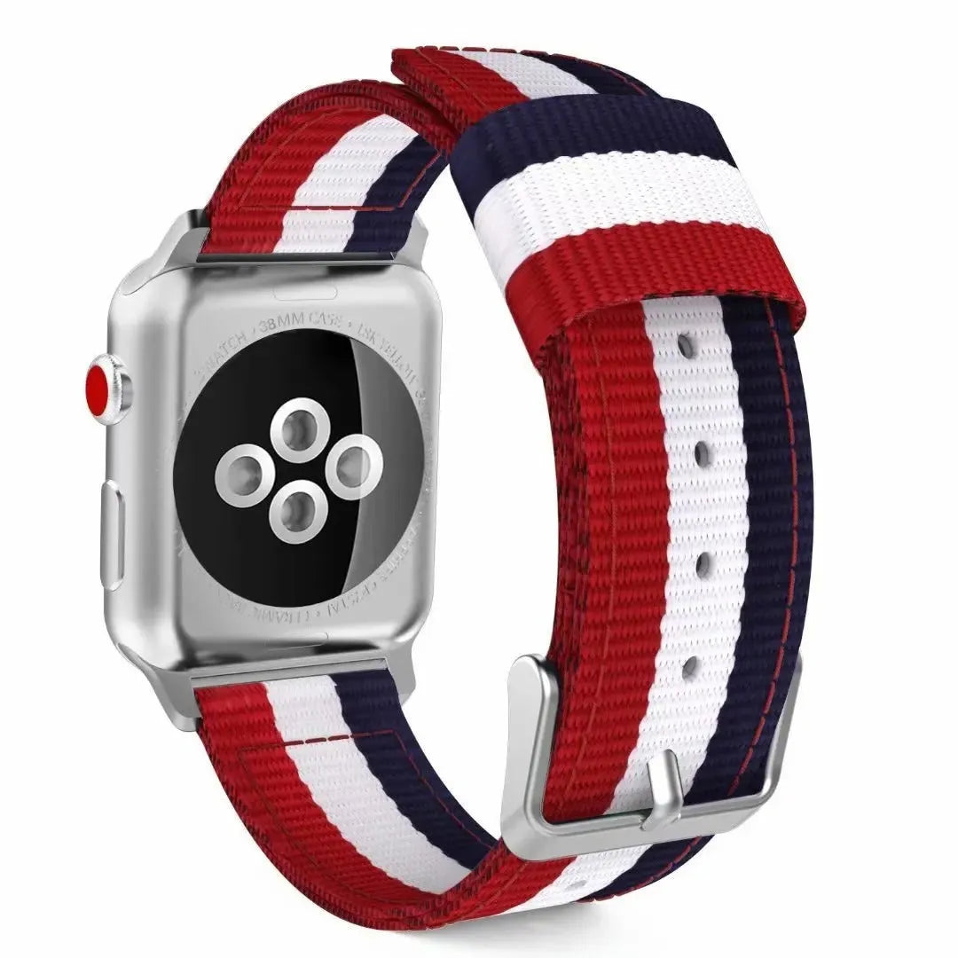 Split nylon canvas watchband for Apple Watch in rainbow colour, fits sizes 38-49mm