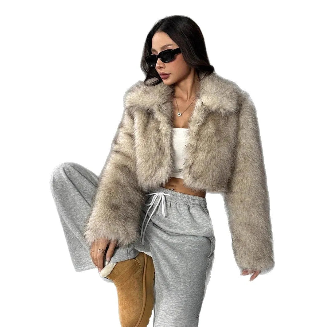 Artificial fur coat with fur collar in short length, showing thick pile construction and cute style design