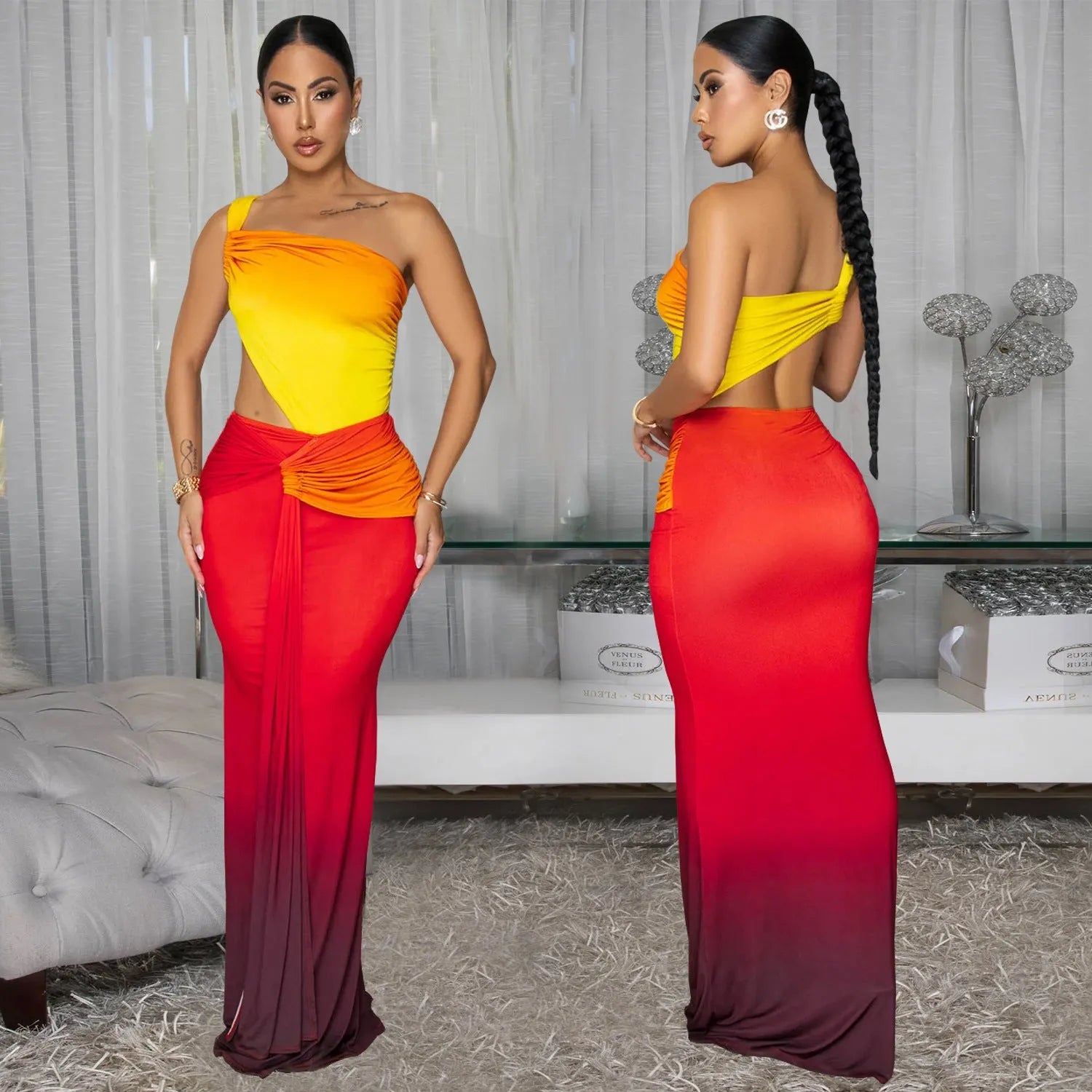 Women's long gradient colour dress with an asymmetric cross-shoulder neckline and sleeveless design.