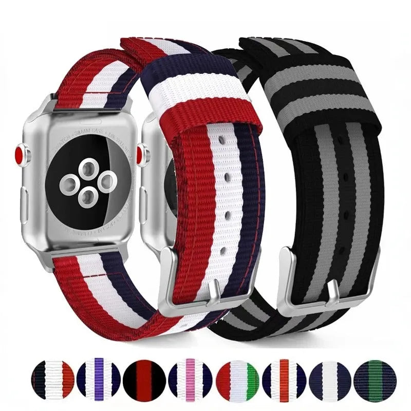 Split nylon canvas watchband for Apple Watch in rainbow colour, fits sizes 38-49mm