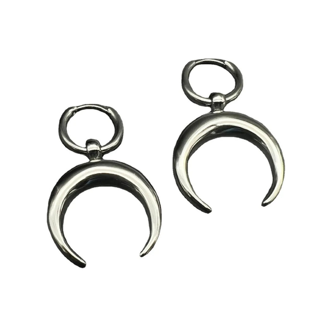 Silver Gothic moon geometric hoop earrings with punk styling
